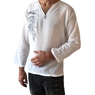 Men's White Dragon Shirt 100% Cotton Hippie Top