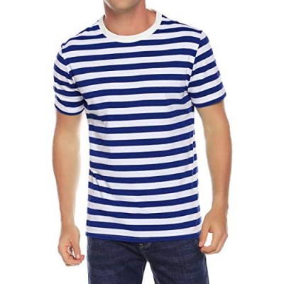 Sykooria Mens Basic Striped T-Shirt Crew Neck Cotton Vintage Couple Casual Halloween Slim Fit Stripes Top Tees S-XXL