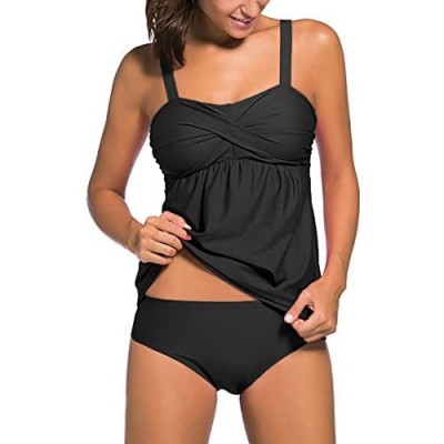 Actloe Women's Two Pieces Swimwear Ruched Tankini Top with Triangle Bottoms S-XXXL