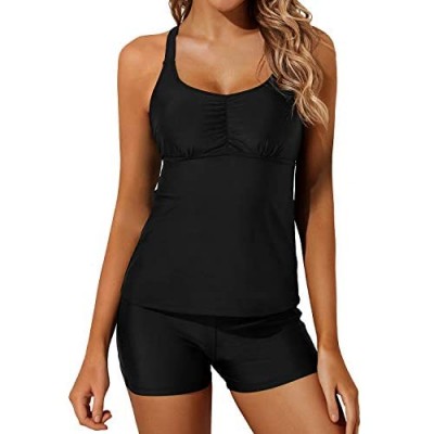 Holipick Athletic Tankini Swimsuits for Women Racerback Tankini Top with Boy Shorts Two Piece Color Block Bathing Suits