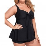 Holipick Women Tie Front Plus Size Two Piece Tankini Swimsuits Modest Tummy Control Swimdress Bathing Suits with Shorts