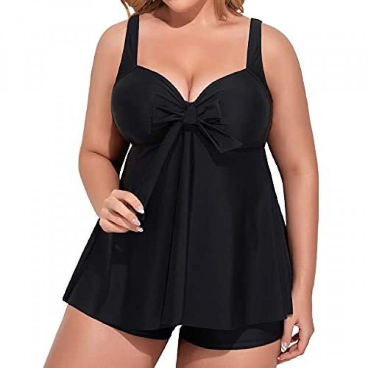 Holipick Women Tie Front Plus Size Two Piece Tankini Swimsuits Modest Tummy Control Swimdress Bathing Suits with Shorts