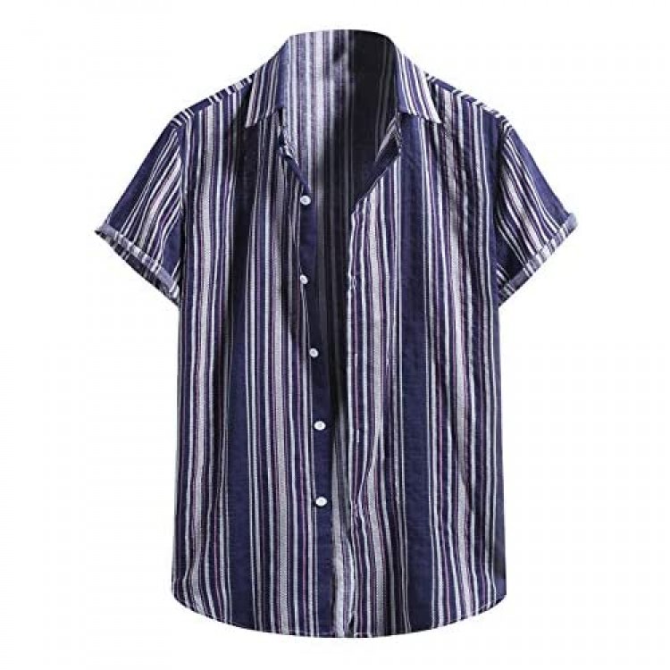 BHUI Men's Short Sleeve Linen Shirt Summer Cuban Beach Tops Cotton Linen Pure Colors Stripe Printing Guayabera Tops