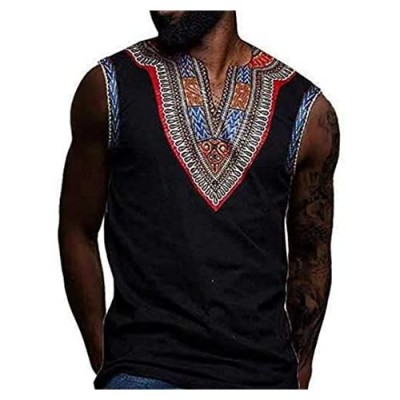 Luxfan 2019 Mens Summer Casual Sleeveless Tribal Dashiki Tank Tops V Neck African Shirt