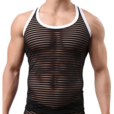 Mendove Men's Stripe Mesh See-Through Muscle Shirt