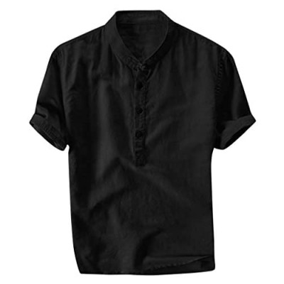 Men's Causal Shirt Short Sleeve Tops Button Cotton Linen Solid Color Loose Blouse