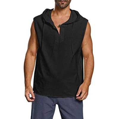 Men's Cotton Linen Shirts Solid Button Beach Sleeveless Hooded Tank Tops Blouse