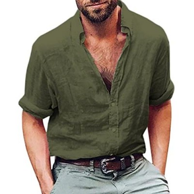 NREALY Men's Blouse Long Sleeve Henley Shirt Cotton Linen Beach Yoga Loose Fit Tops