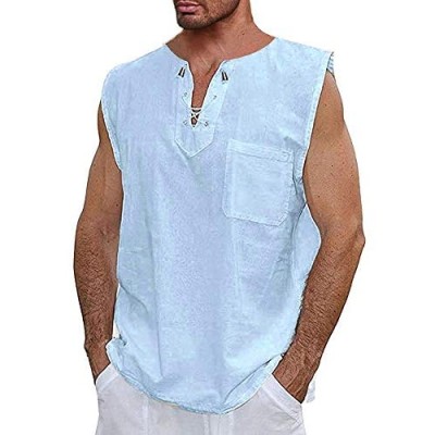 Taoliyuan Mens Lace up Tank Top Sleeveless Shirts 100% Cotton Casual Summer Beach Hippie Blouse Tops
