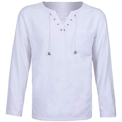 Fashonal Cotton Linen V Neck Hippie Shirt Lace Up Long Sleeve Tunic Tops for Men
