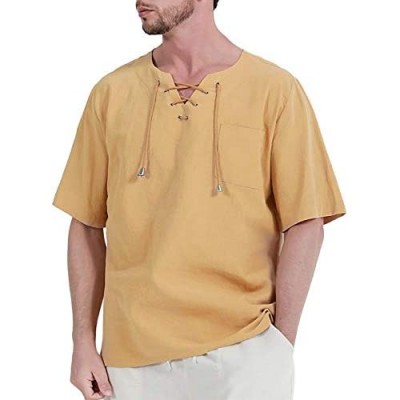 Fashonal Hippie Shirts for Men Linen Casual Cotton Short Sleeve T Shirts Summer Tunic Tops for Men  Khaki  Medium