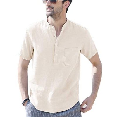 LecGee Men's Cotton Linen Henley Shirt Casual Long Sleeve V-Neck Hippie Beach Shirt with Pocket