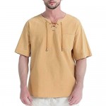 Linen Shirts for Men Hippie Lace Up V Neck Tunics Yoga Beach Short Sleeve Tops Khaki X-Large