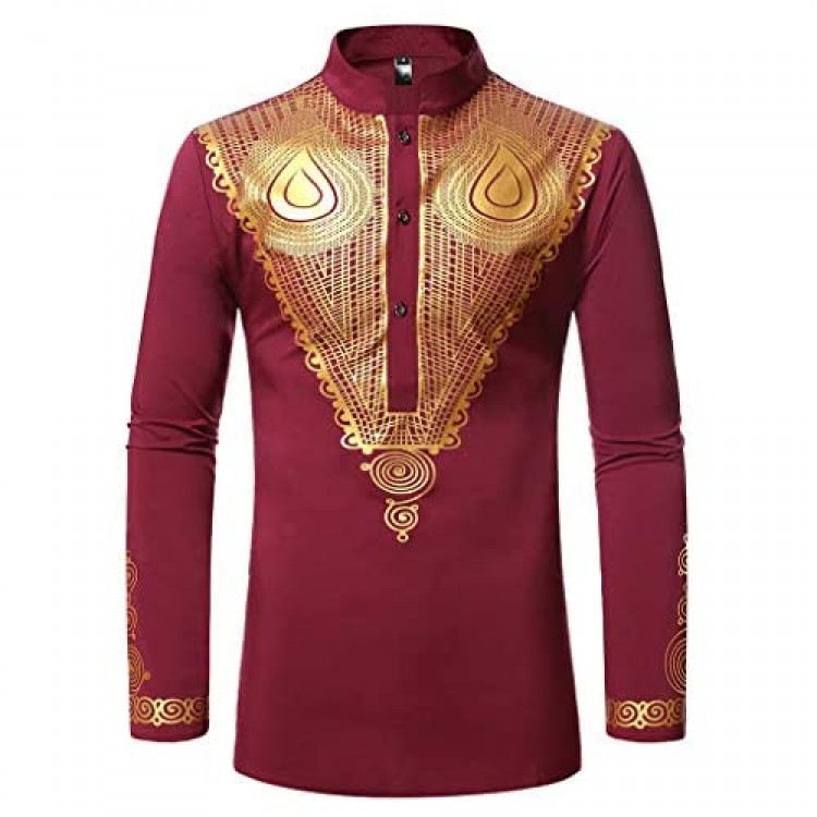 Luxfan Mens Dashiki African Shirt Clothing Traditional Gold Printed Long Henley Shirt US Plus Size