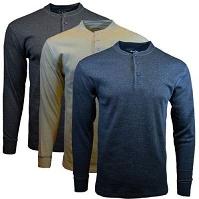 MARINO BAY Men's Henley  Long Sleeve Thermal Shirt  3-Pack  Charcoal  Oatmeal  Navy