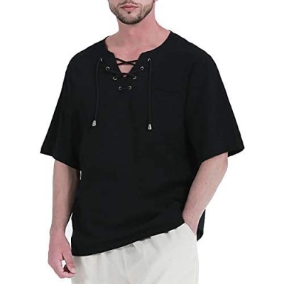 Medieval Shirt for Men Linen Tunic Viking Yoga Casual Beach Tops  Black  Small