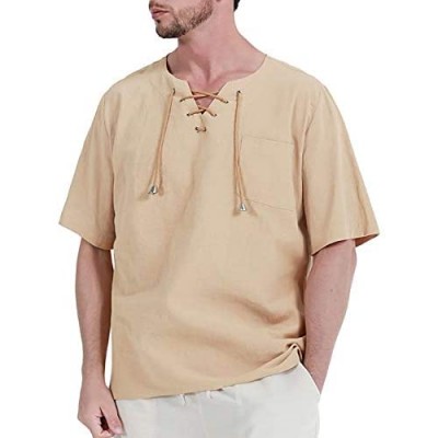 Medieval Shirt for Men Linen Tunic Viking Yoga Casual Beach Tops  Light Khaki  Small