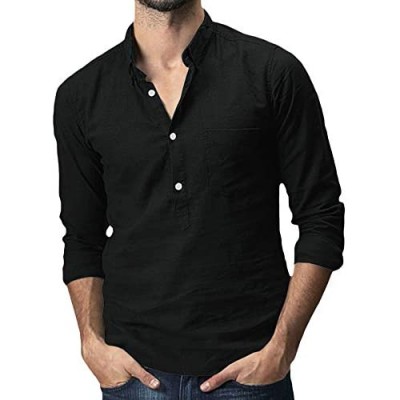 Men's Cotton Linen Henley Shirt Long Sleeve Casual T Shirt Lightweight Summer Solid Beach Yoga Tops Black