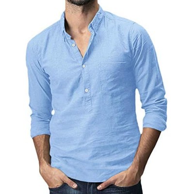 Men's Long Sleeve Henley Shirt Cotton Linen Loose Casual Hippie Tee Lightweight Summer Solid Beach Yoga Tops Blue