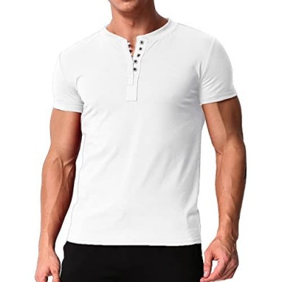 MODCHOK Men's Henley T Shirt Short Sleeve Fashion V Neck Button Slim Fit Tops Blouse