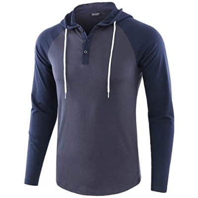Moomphya Men's Jacquard Knitted Casual Short Sleeve Raglan Henley Jersey Hoodie T Shirt (A06 Blue/Navy  Medium)