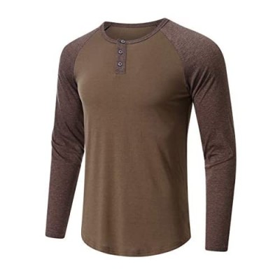 zhipengou New Mens Buttons T-Shirt Long Sleeve Splice Tee Shirt Casual Loose Tunic Top
