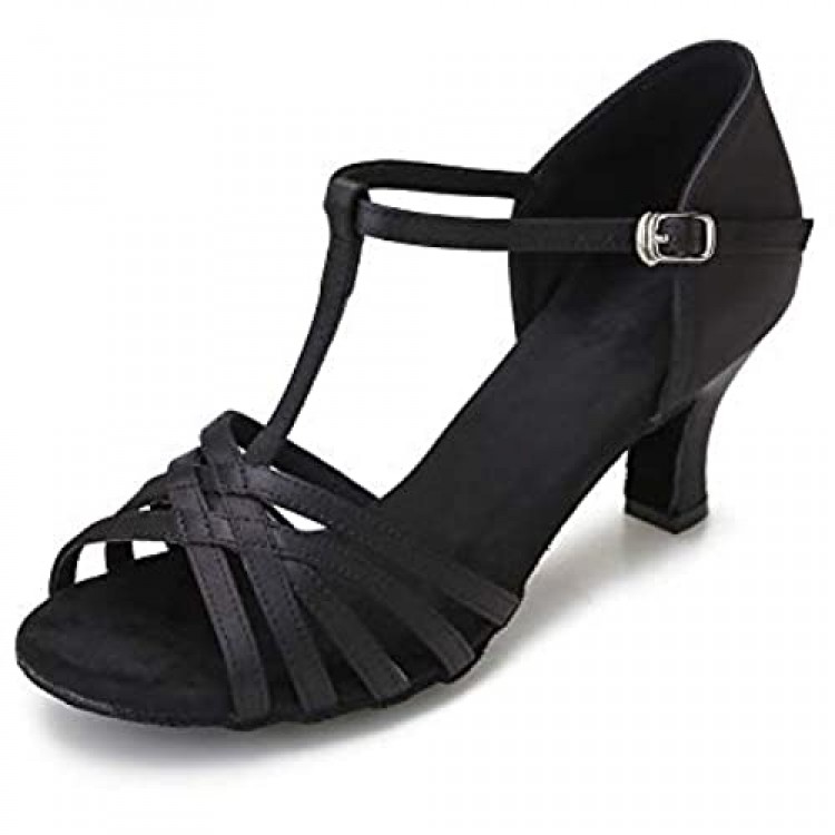 CLEECLI Women's Ballroom Dance Shoes Latin Salsa Dance Shoes T-Strap Sandals 2.5