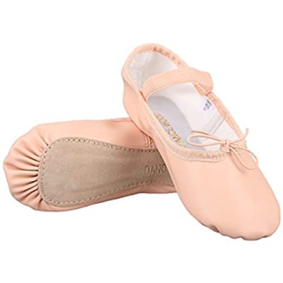 DANCEWOOD Girl's Ballet Shoes Full Sole Dance Shoes Soft Stretch Leather Slippers for Toddler Kids