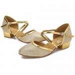 HXYOO Closed Toe Low Heel Glitter Ballroom Dance Shoes for Women Salsa Latin Wedding Party 2 inch Heel S011(Gold-2 8)