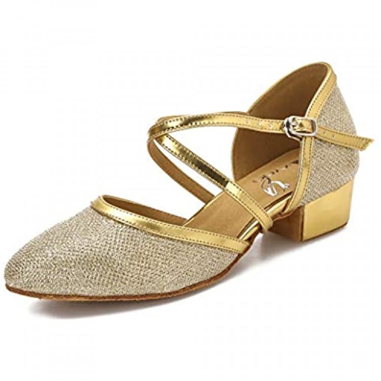 HXYOO Closed Toe Low Heel Glitter Ballroom Dance Shoes for Women Salsa Latin Wedding Party 2 inch Heel S011(Gold-2 8)