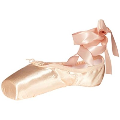 Soudittur Girls Womens Ballet Pointe Shoes Satin Professional Dance Shoes Pink Ballet Flats with Pre-Sewn Ribbons Toe Pads (Please Choose One Size Larger)
