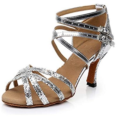 Women Sexy Dance Shoes Rhinestone Satin Ballroom Latin Salsa Tango Practice Sandals Wedding Party Pump Shoes with Soft Suede Sole