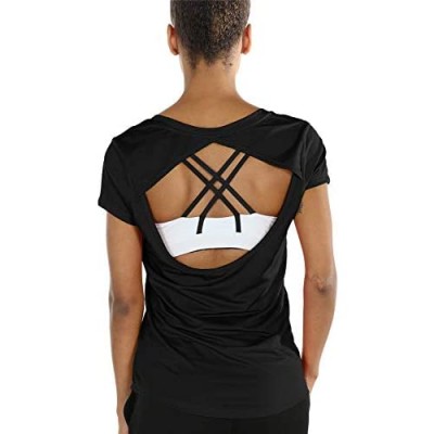 icyzone Open Back Workout T-Shirts for Women - Running Gym Shirts Yoga Tops Exercise Short Sleeves