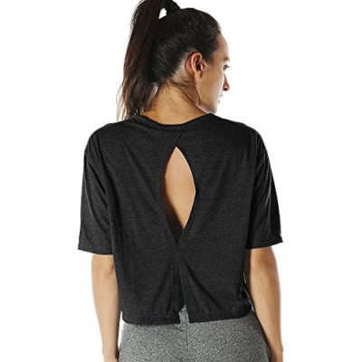 icyzone Open Back Workout Top Shirts - Yoga t-Shirts Activewear Exercise Crop Tops for Women