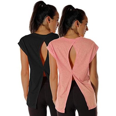 icyzone Open Back Workout Top Shirts - Yoga t-Shirts Activewear Exercise Tops for Women(Pack of 2)