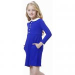 Girl's Peter Pan Collar Button Dress Collared Casual Skater Party Long Sleeve Flare A-Line Dresses for 4-14Y