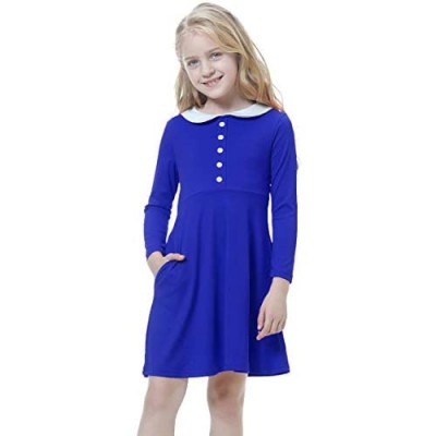 Girl's Peter Pan Collar Button Dress Collared Casual Skater Party Long Sleeve Flare A-Line Dresses for 4-14Y