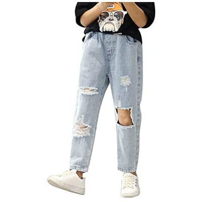 AMEBELLE Girl's Kids Elastic Waist Ripped Holes Jeans Printed Denim Pants