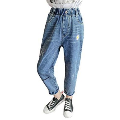 chicrechery Bigs Girls Kids Pull On Elastic Waist Ripped Jeans Slim Washed Denim Pants