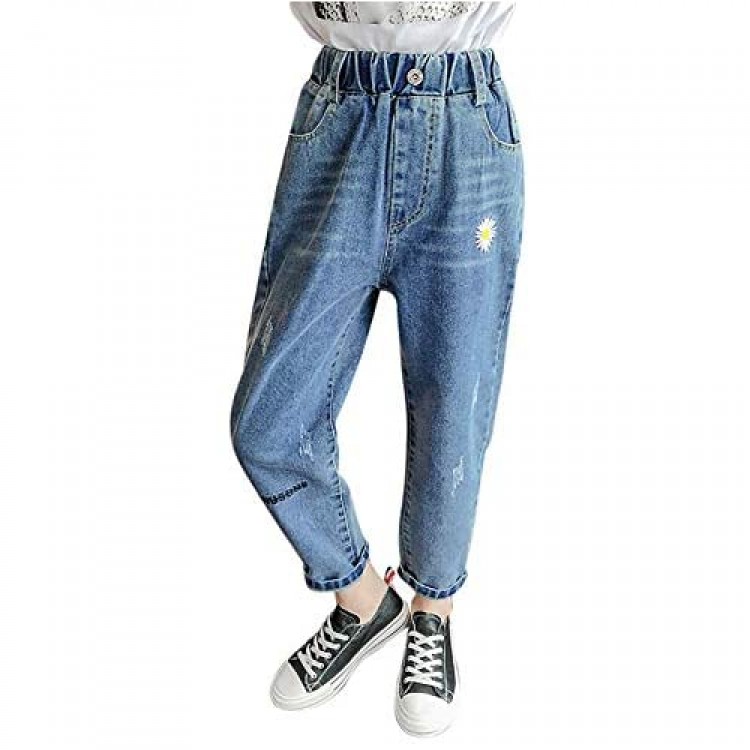 chicrechery Bigs Girls Kids Pull On Elastic Waist Ripped Jeans Slim Washed Denim Pants