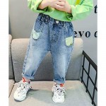 KIDSCOOL SPACE Baby & Little Girls Colorful Patchwork Decor Washed Processing Light Blue Jeans