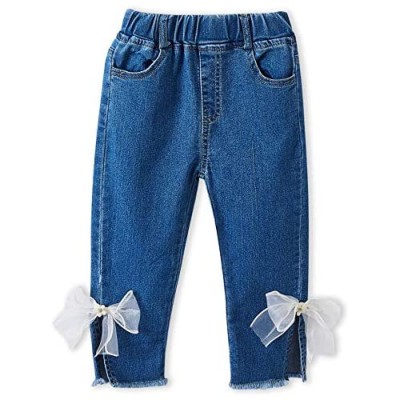 Pansleejoy Baby Girls Elastic Waist Slim Jeans with Bowknots Toddlers Classic Denim Pants