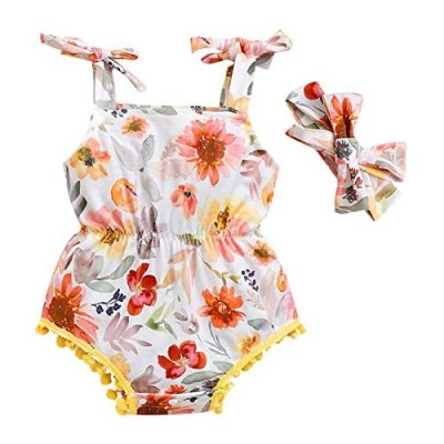 Baby Girls Floral Romper Match Headband Sleeveless Sling Playsuit Printed Tassel Playsuit 2pcs Outfit