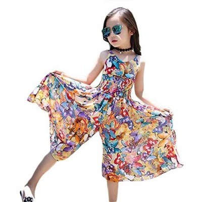 BANGELY Boho Beach Floral Print Dress Jumpsuit for Kids Girls Summer Casual Straps Wide Leg Pants Skirts Sundress