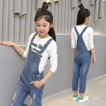 Big Girls Kids One Piece Classic Distressed Denim Suspender Bib Overalls Jeans Strecthy Ripped Jeans Romper Jumpsuit