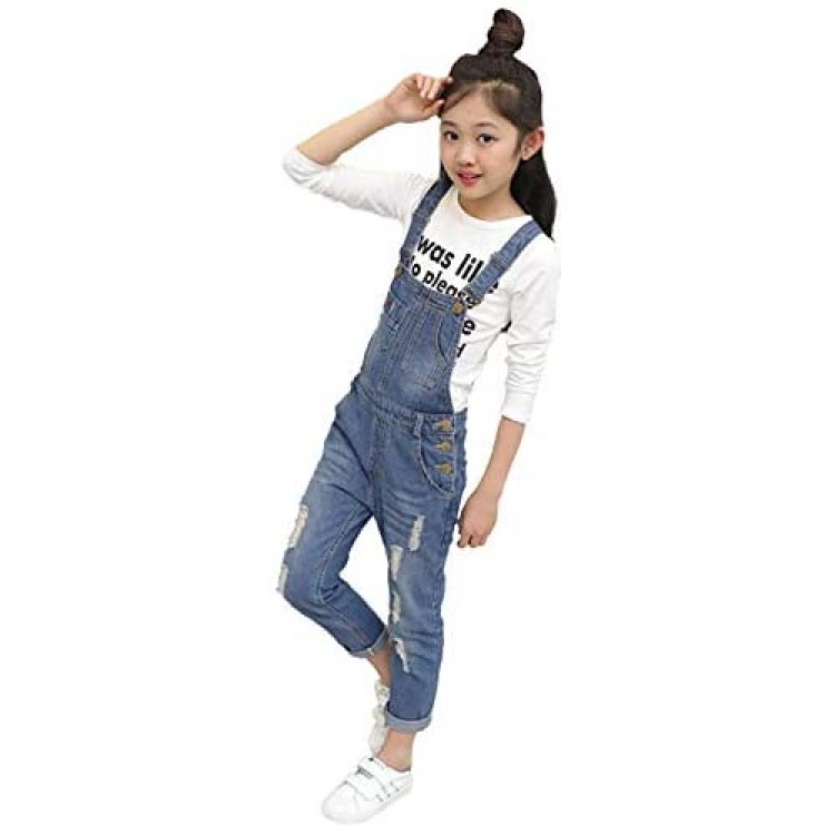 Digirlsor Kids Girls Adjustable Strap Dark Blue Long Jeans Jumpsuit Suspender Denim Bib Overalls 3-12Y