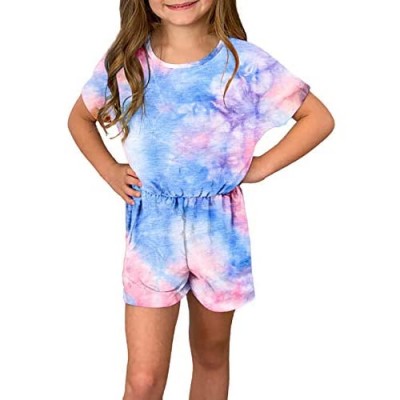 Ecokauer Girls Kids Summer Short Sleeve Rompers One Piece Jumpsuits with Tie Dye Print Fashion Outfits