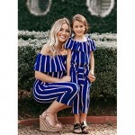 Family Matching Striped Jumpsuit Mommy&Me Off Shoulder Long Sleeve Long Pants.