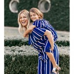 Family Matching Striped Jumpsuit Mommy&Me Off Shoulder Long Sleeve Long Pants.