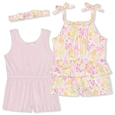 Girl's 2-Pack Ribbed and Floral Sleeveless Romper Shorts with Bow Headband